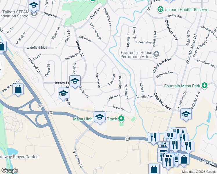 map of restaurants, bars, coffee shops, grocery stores, and more near 713 Raemar Drive in Colorado Springs
