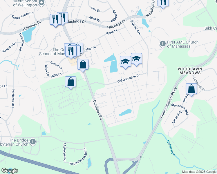 map of restaurants, bars, coffee shops, grocery stores, and more near 10503 Hinton Way in Manassas
