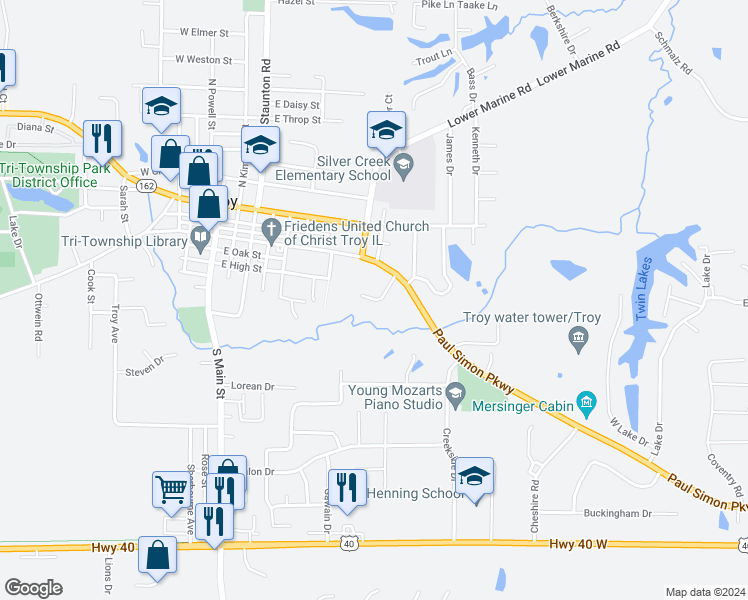 map of restaurants, bars, coffee shops, grocery stores, and more near 2 Ridgefield Drive in Troy