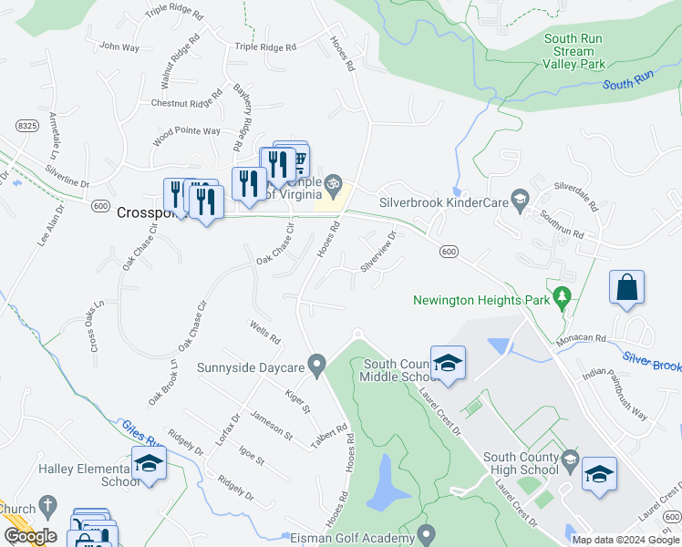 map of restaurants, bars, coffee shops, grocery stores, and more near 8521 Silverview Drive in Lorton