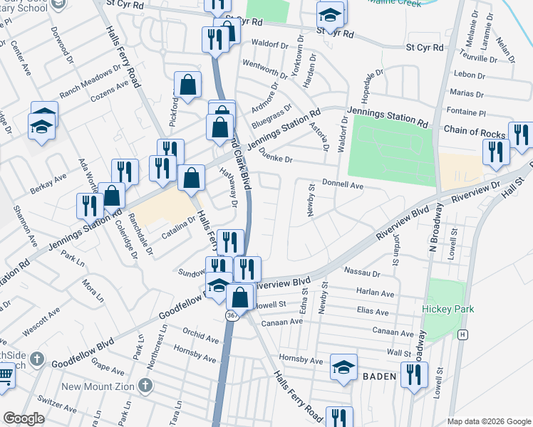 map of restaurants, bars, coffee shops, grocery stores, and more near 1208 Hamlet Court in St. Louis