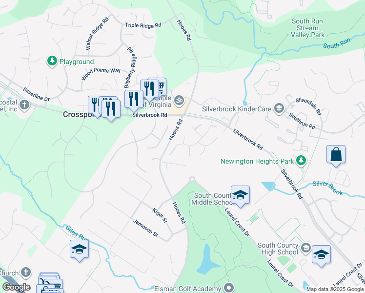 map of restaurants, bars, coffee shops, grocery stores, and more near 8521 Silverview Drive in Lorton