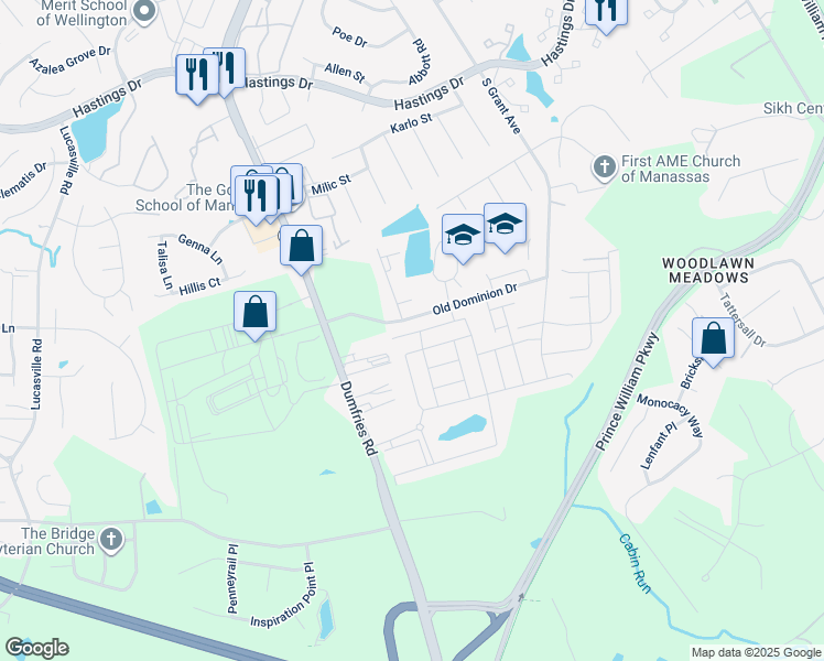 map of restaurants, bars, coffee shops, grocery stores, and more near 8903 Old Dominion Drive in Manassas