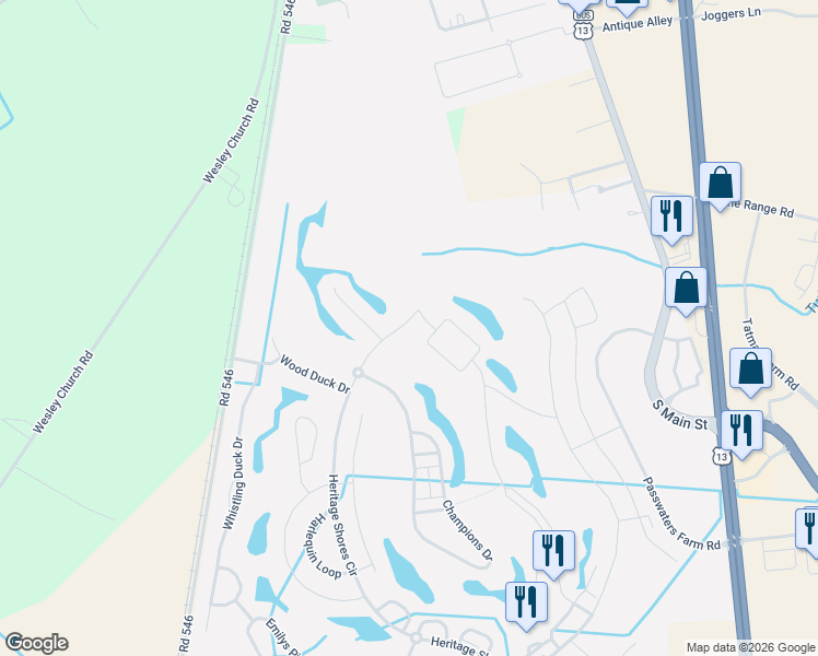 map of restaurants, bars, coffee shops, grocery stores, and more near 8 Champions Drive in Bridgeville
