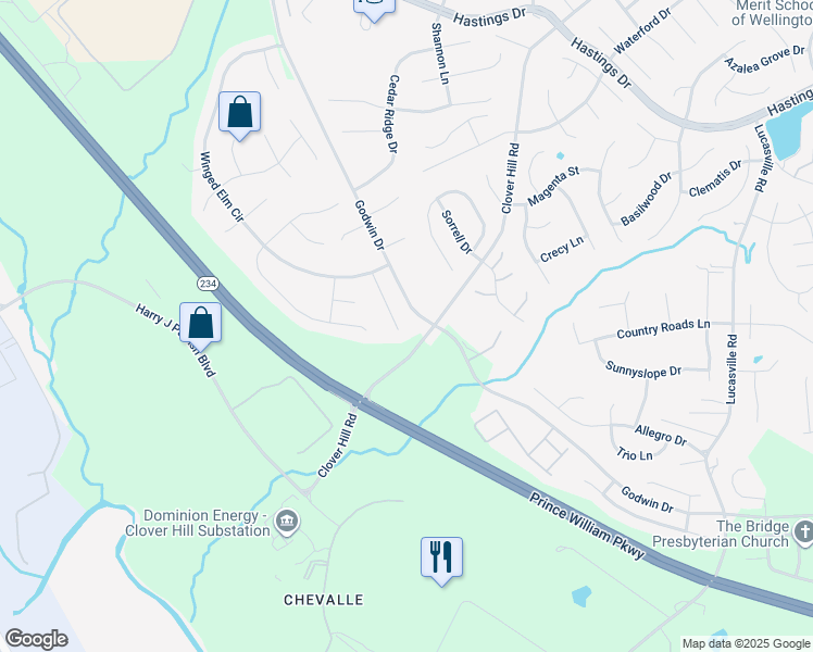 map of restaurants, bars, coffee shops, grocery stores, and more near 9904 Hawthorn Hill Court in Manassas