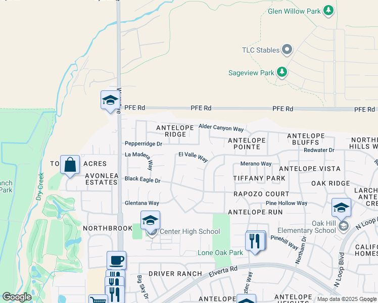 map of restaurants, bars, coffee shops, grocery stores, and more near 3321 El Valle Way in Antelope