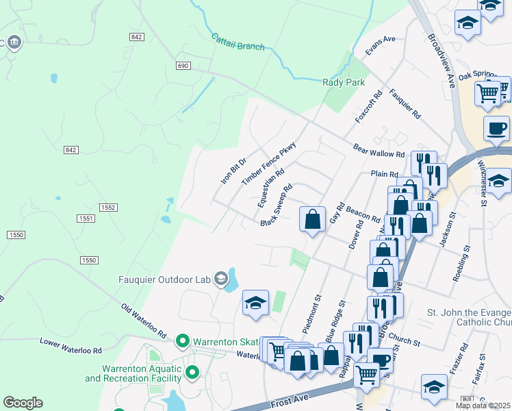 map of restaurants, bars, coffee shops, grocery stores, and more near 208 Equestrian Road in Warrenton