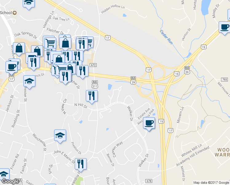 map of restaurants, bars, coffee shops, grocery stores, and more near 523 Highland Towne Lane in Warrenton