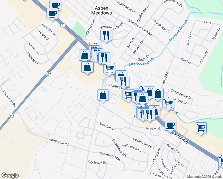 map of restaurants, bars, coffee shops, grocery stores, and more near 35711 Birch Road in Rehoboth Beach