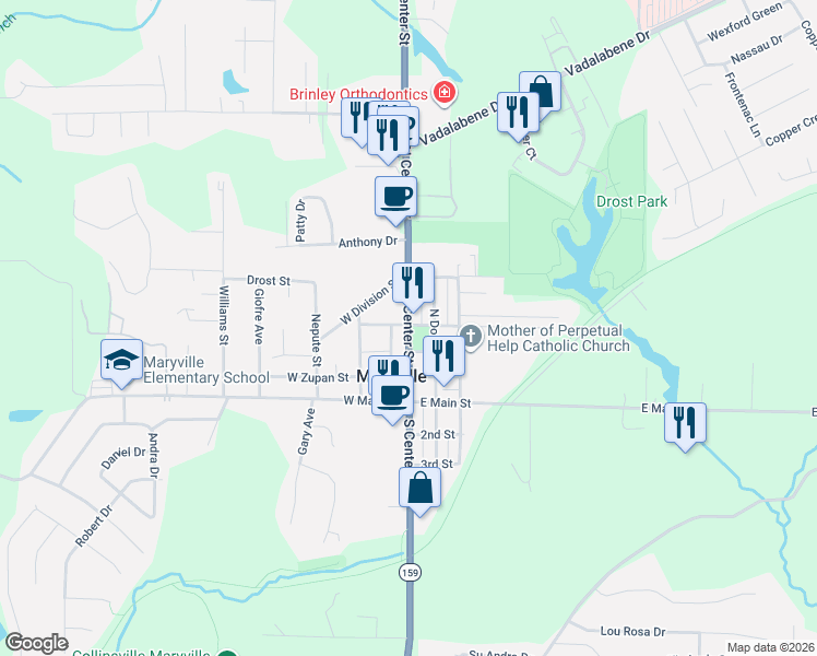 map of restaurants, bars, coffee shops, grocery stores, and more near 2321 North Center Street in Maryville