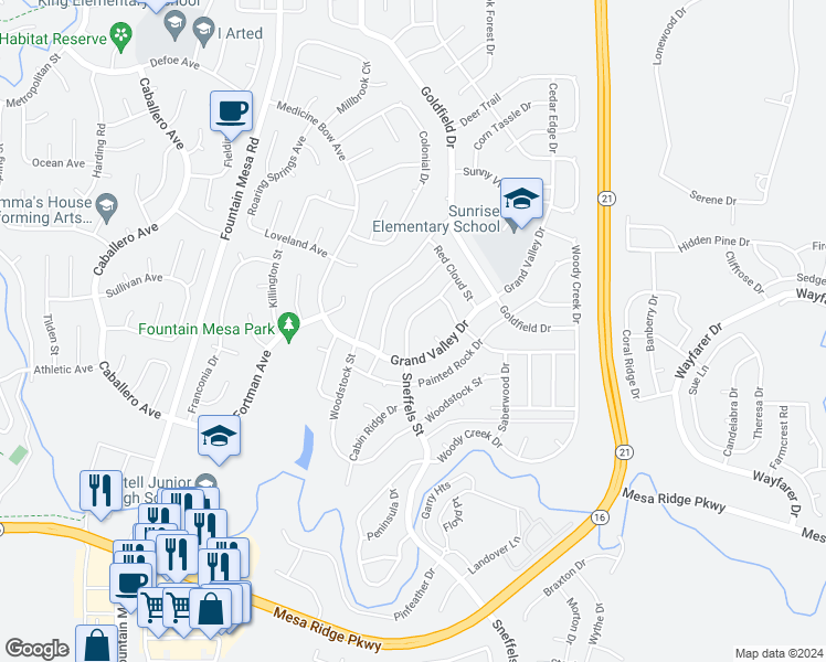 map of restaurants, bars, coffee shops, grocery stores, and more near 7355 Sneffels Street in Colorado Springs