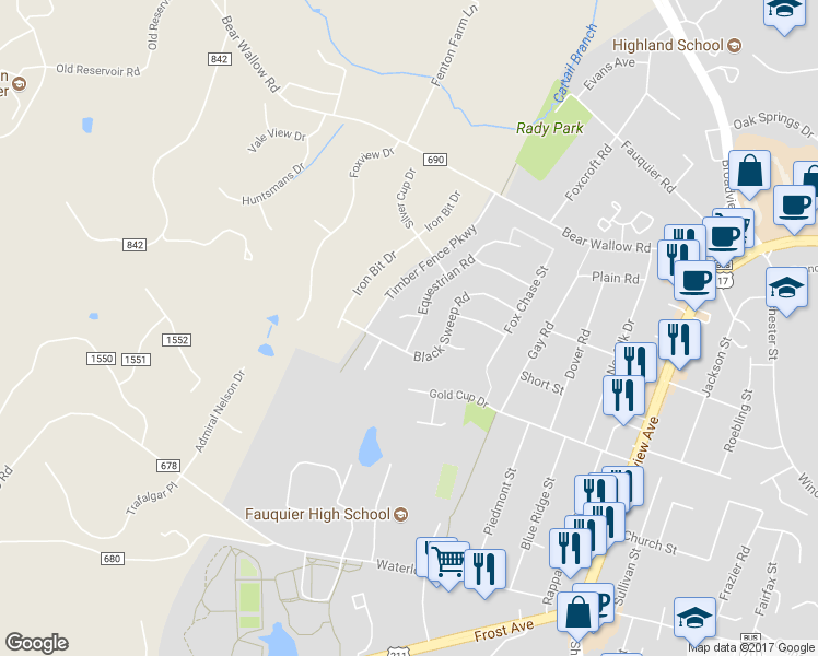 map of restaurants, bars, coffee shops, grocery stores, and more near 208 Equestrian Road in Warrenton