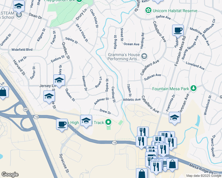 map of restaurants, bars, coffee shops, grocery stores, and more near 732 Raemar Drive in Colorado Springs