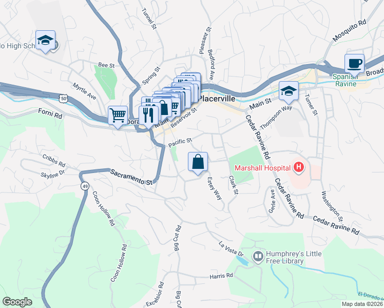 map of restaurants, bars, coffee shops, grocery stores, and more near 813 Blue Bell Court in Placerville