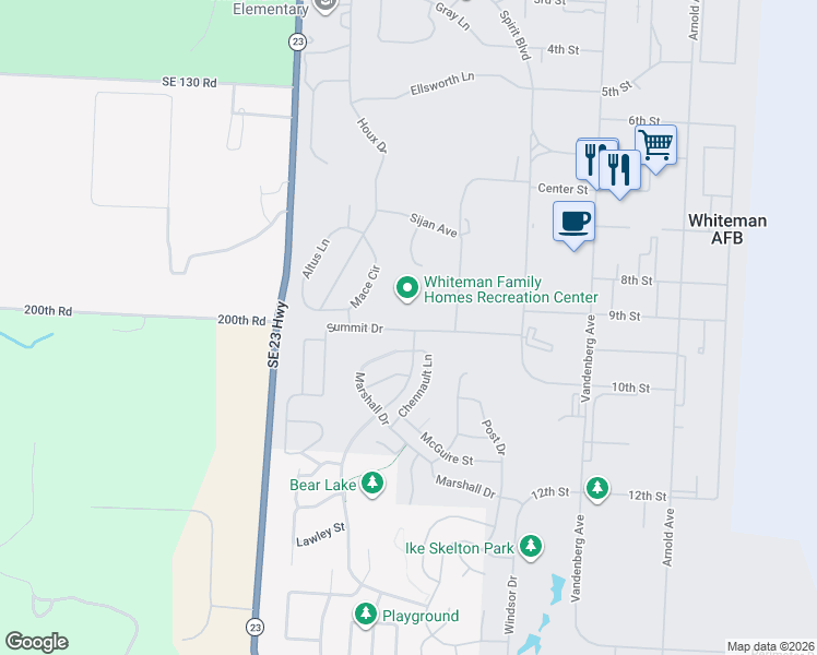 map of restaurants, bars, coffee shops, grocery stores, and more near Summit Drive in Whiteman Air Force Base