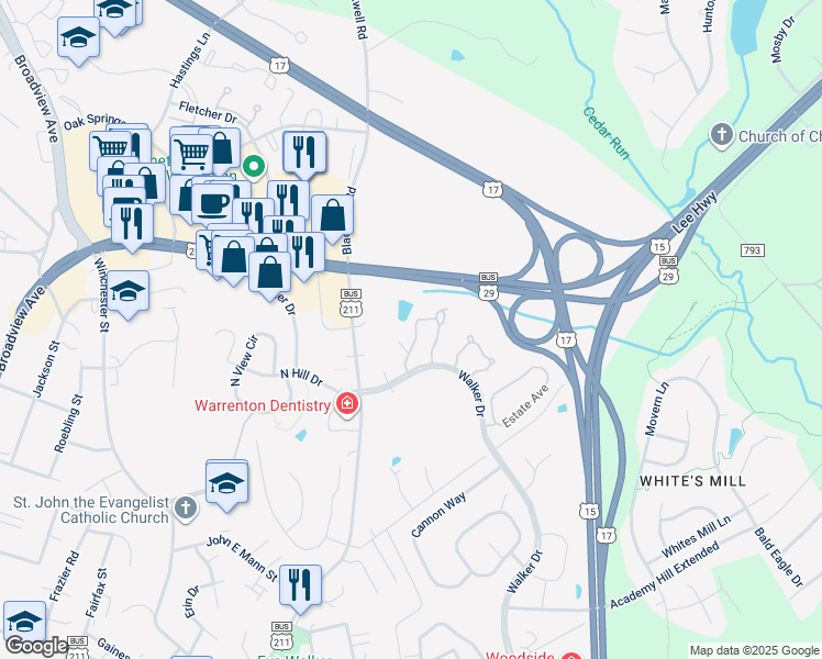 map of restaurants, bars, coffee shops, grocery stores, and more near 522 Highland Towne Lane in Warrenton
