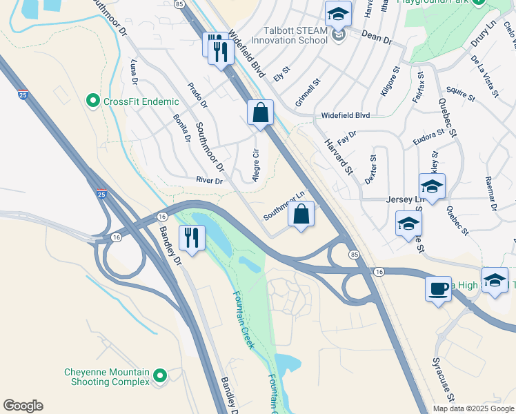 map of restaurants, bars, coffee shops, grocery stores, and more near 7470 Southmoor Drive in Fountain