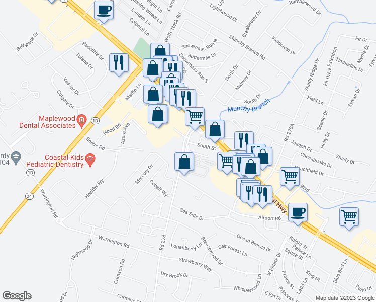 map of restaurants, bars, coffee shops, grocery stores, and more near 18 Stonewood Lane in Rehoboth Beach
