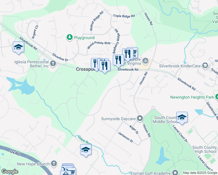 map of restaurants, bars, coffee shops, grocery stores, and more near 8629 Oak Chase Circle in Fairfax Station