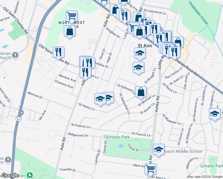 map of restaurants, bars, coffee shops, grocery stores, and more near 3629 Saint Sebastian Lane in Saint Ann