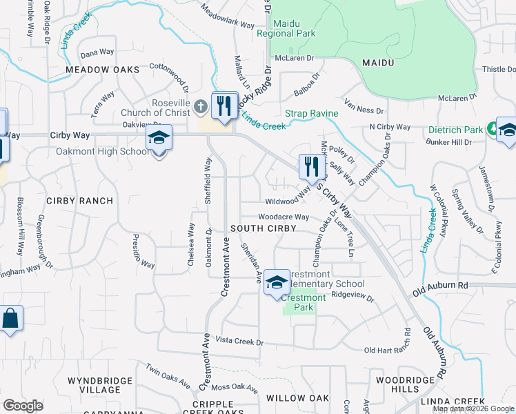 map of restaurants, bars, coffee shops, grocery stores, and more near 1814 Wildwood Way in Roseville