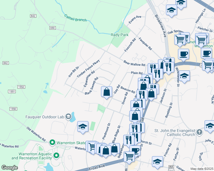 map of restaurants, bars, coffee shops, grocery stores, and more near 272 Fox Chase Street in Warrenton