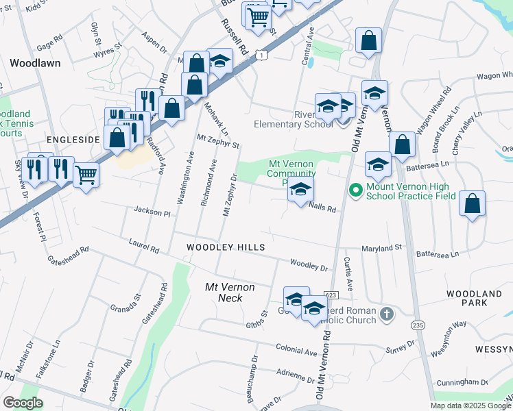 map of restaurants, bars, coffee shops, grocery stores, and more near 3807 Kings Hill Court in Alexandria