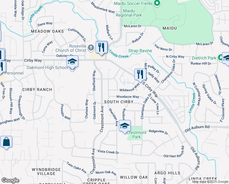 map of restaurants, bars, coffee shops, grocery stores, and more near 1812 Wildwood Way in Roseville