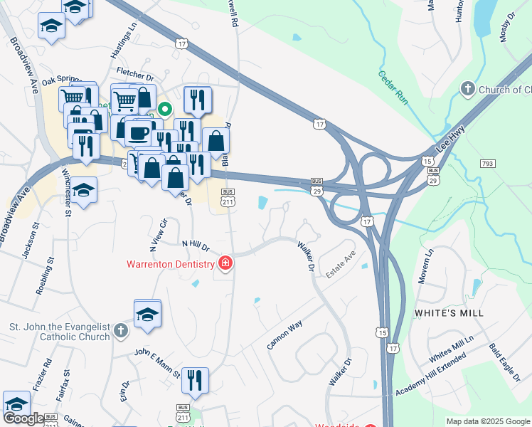map of restaurants, bars, coffee shops, grocery stores, and more near 524 Highland Towne Lane in Warrenton