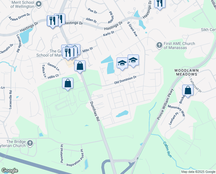 map of restaurants, bars, coffee shops, grocery stores, and more near 8903 Old Dominion Drive in Manassas