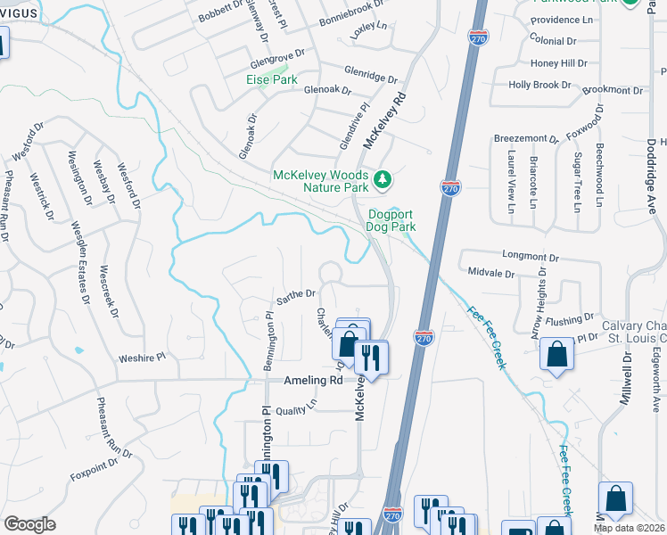 map of restaurants, bars, coffee shops, grocery stores, and more near 11869 Charlemagne Drive in Maryland Heights
