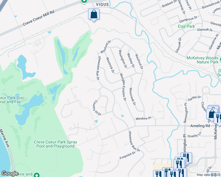 map of restaurants, bars, coffee shops, grocery stores, and more near 2435 Pheasant Run Drive in Maryland Heights
