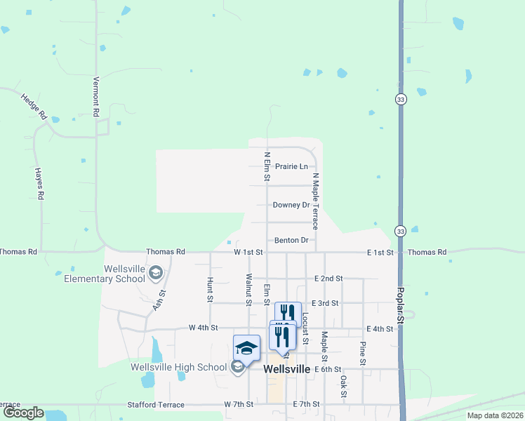 map of restaurants, bars, coffee shops, grocery stores, and more near 304 North Elm Street in Wellsville