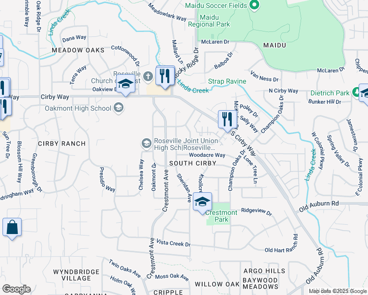 map of restaurants, bars, coffee shops, grocery stores, and more near 1322 Sheridan Avenue in Roseville