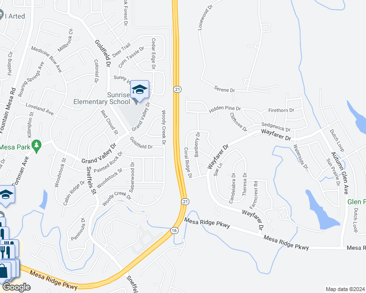 map of restaurants, bars, coffee shops, grocery stores, and more near 7278 Coral Ridge Drive in Colorado Springs