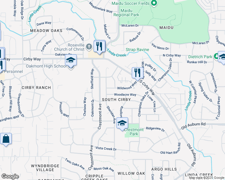 map of restaurants, bars, coffee shops, grocery stores, and more near 1812 Wildwood Way in Roseville