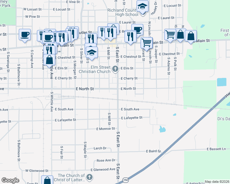 map of restaurants, bars, coffee shops, grocery stores, and more near 572-598 South East Street in Olney
