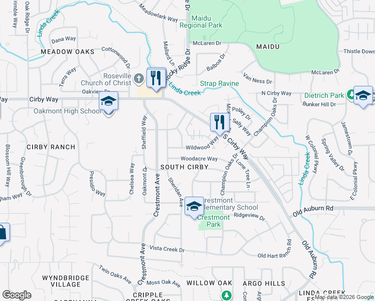 map of restaurants, bars, coffee shops, grocery stores, and more near 1902 Wildwood Way in Roseville