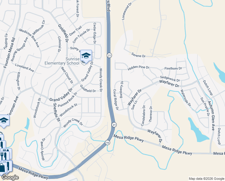 map of restaurants, bars, coffee shops, grocery stores, and more near 7302 Coral Ridge Drive in Colorado Springs
