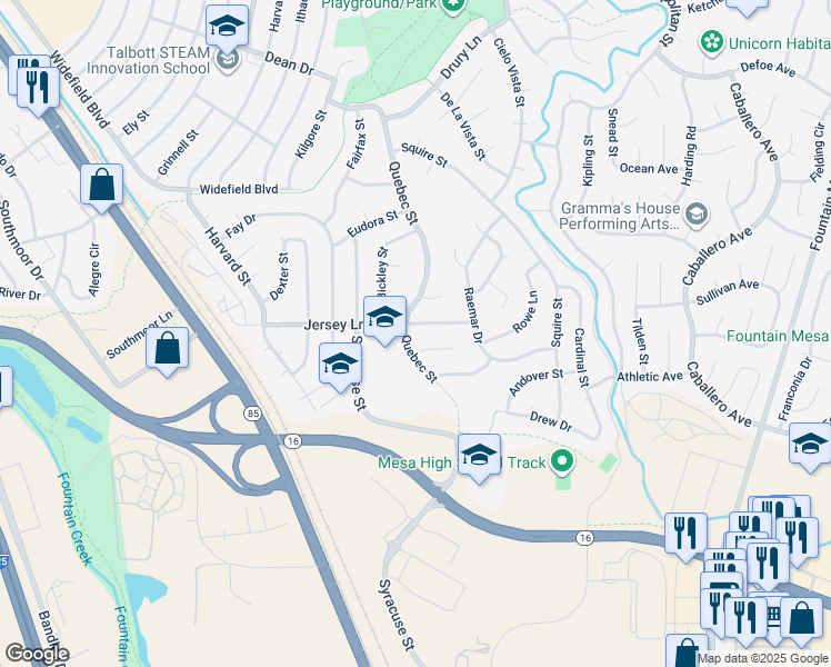 map of restaurants, bars, coffee shops, grocery stores, and more near Quebec Street in Colorado Springs