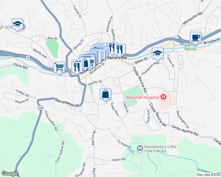 map of restaurants, bars, coffee shops, grocery stores, and more near 837-843 Blue Bell Court in Placerville