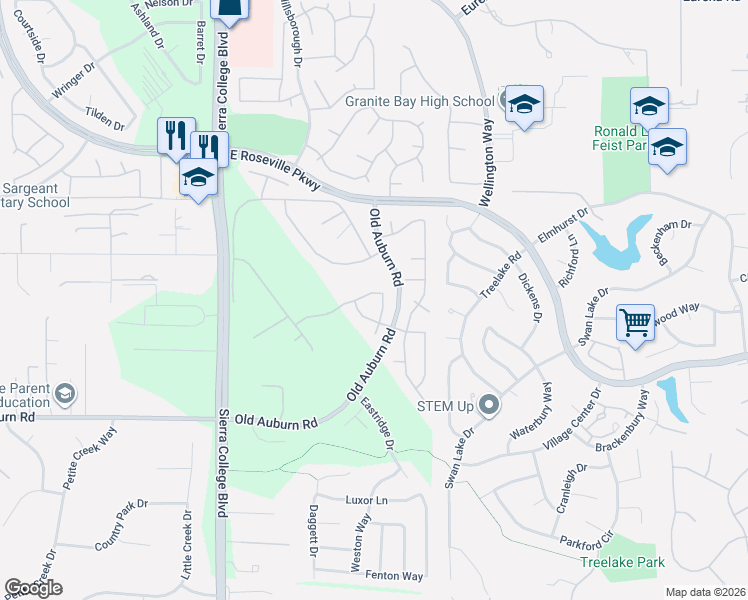 map of restaurants, bars, coffee shops, grocery stores, and more near 4530 Monet Way in Roseville