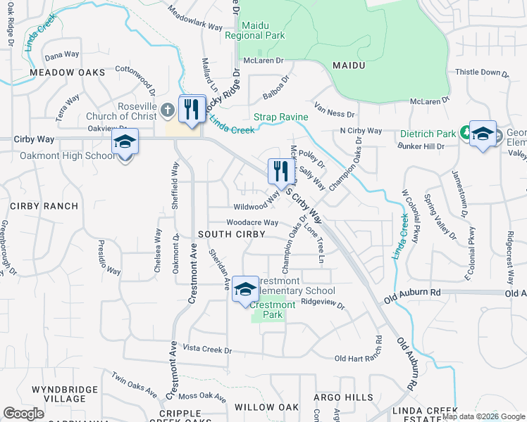 map of restaurants, bars, coffee shops, grocery stores, and more near 1826 Woodacre Way in Roseville