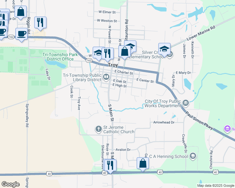 map of restaurants, bars, coffee shops, grocery stores, and more near 302 East Padin Street in Troy