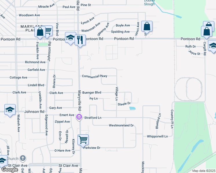 map of restaurants, bars, coffee shops, grocery stores, and more near 2569 Buenger Boulevard in Granite City