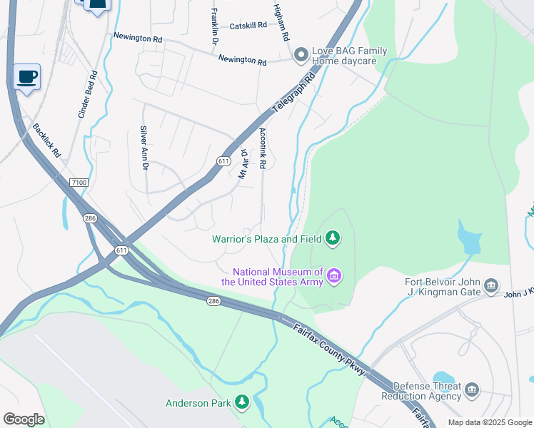 map of restaurants, bars, coffee shops, grocery stores, and more near 8509 Accotink Road in Lorton