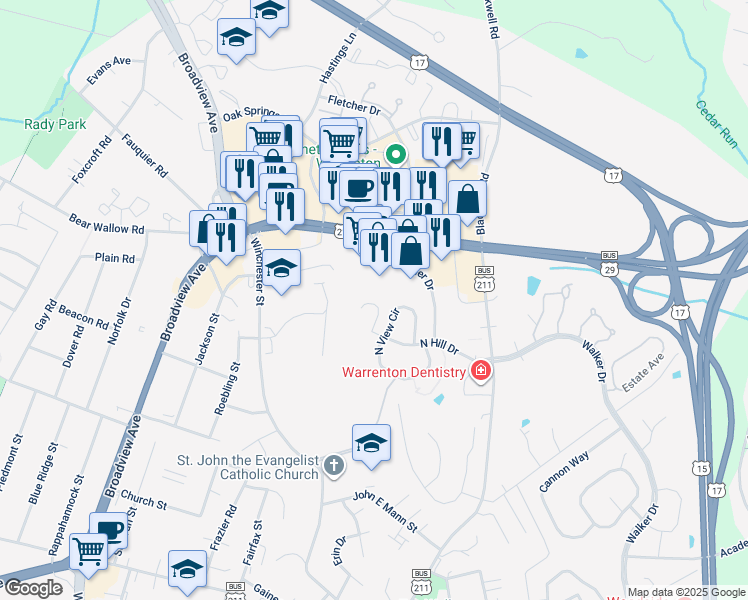 map of restaurants, bars, coffee shops, grocery stores, and more near 226 West Ridge Court in Warrenton