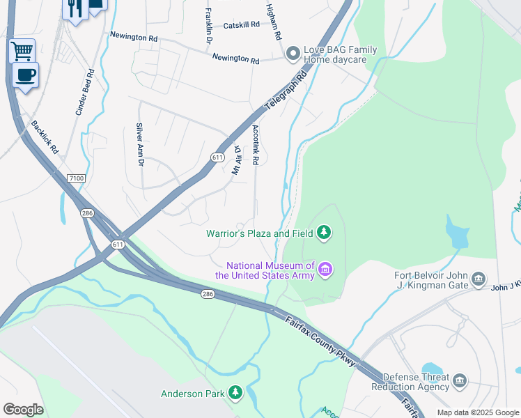 map of restaurants, bars, coffee shops, grocery stores, and more near 8509 Accotink Road in Lorton