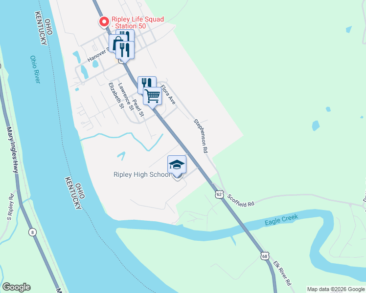 map of restaurants, bars, coffee shops, grocery stores, and more near 2404 South 2nd Street in Ripley