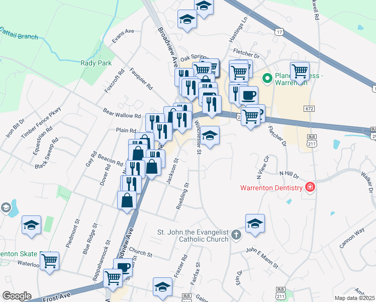 map of restaurants, bars, coffee shops, grocery stores, and more near 361 Roebling Street in Warrenton